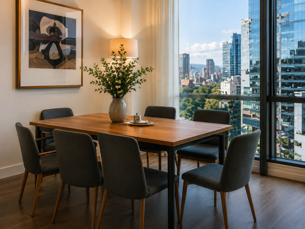 Dining and work area in a furnished apartment for business stays in Mexico City